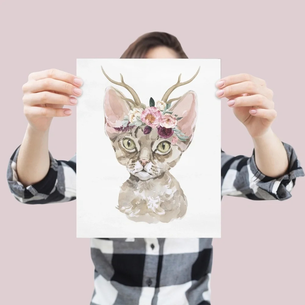 Watercolor Floral Devon Rex Cat Wall Art Illustration Print Poster Card Unframed - Picture 4 of 7